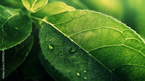 Bright sunlight illuminating green leaves with droplets.