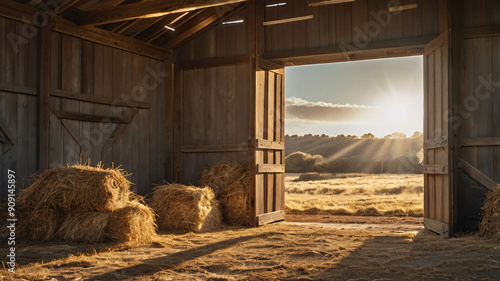 Rustic Wooden Barn Interior with Sunlit Open Doors and Hay Stacks