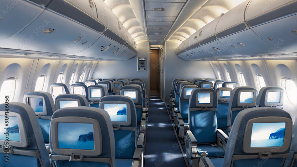 Airplane Cabin with Rows of Blue Seats and Entertainment Screens Mounted on Each Seat Back Airplane Cabin with Rows of Blue Seats and Entertainment Screens Mounted on Each Seat Back