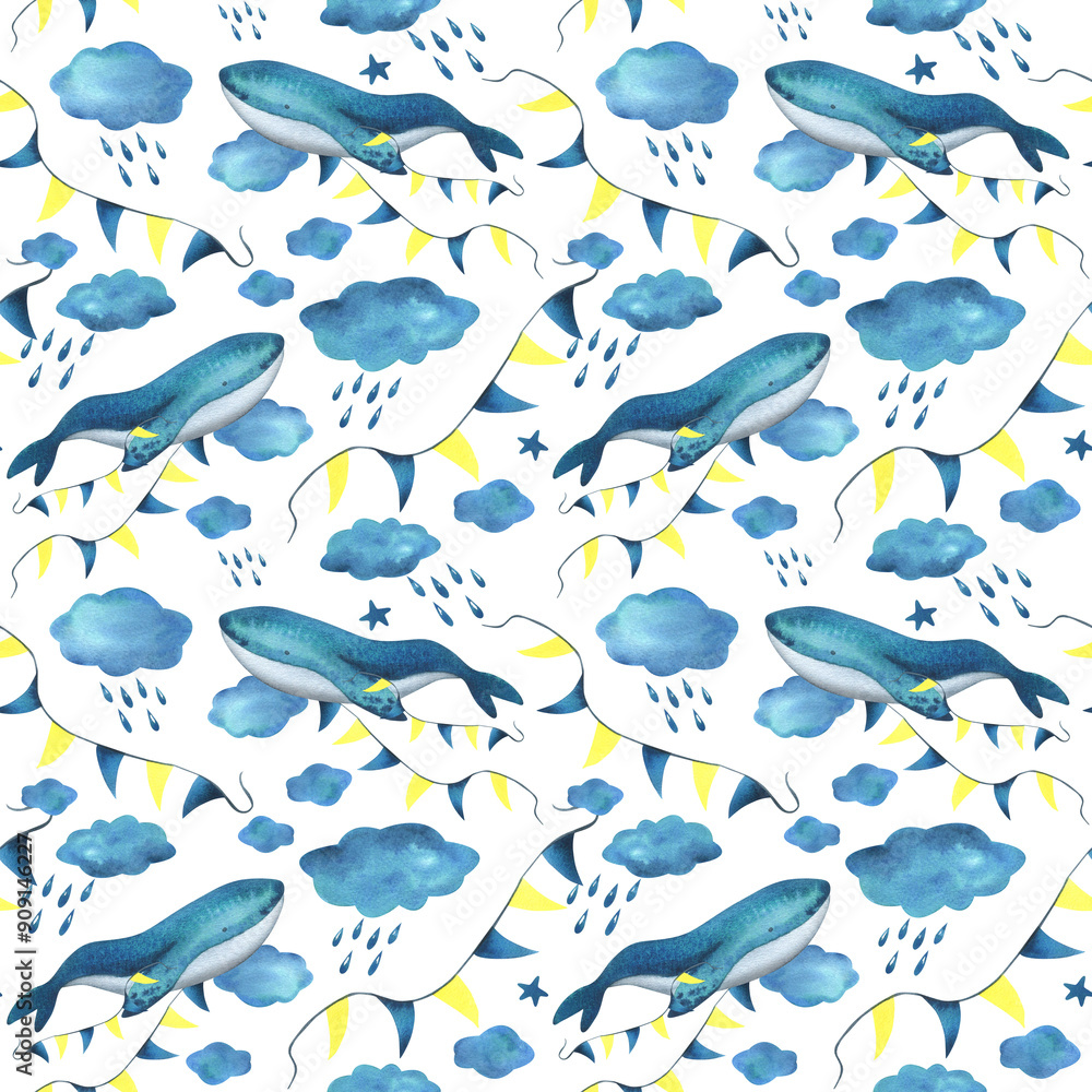 Turquoise whale in the clouds with a garland of flags among the clouds with raindrops. Watercolor illustration hand drawn in a simple childish style. Seamless pattern on a white background. Turquoise whale in the clouds with a garland of flags among the clouds with raindrops. Watercolor illustration hand drawn in a simple childish style. Seamless pattern on a white background.