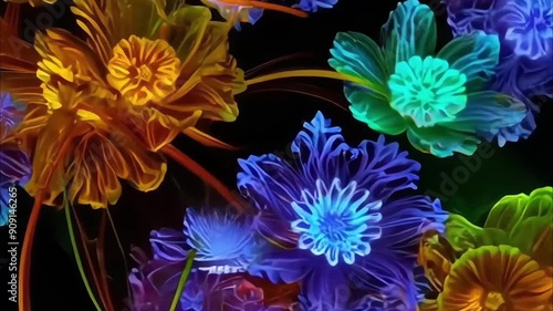 Abstract ornate fluffy colored neon flowers with lines, twisted into patterns, unwind, curl and move
