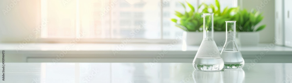 Modern laboratory setting with glass flasks and greenery, perfect for showcasing scientific innovation and clean design. Modern laboratory setting with glass flasks and greenery, perfect for showcasing scientific innovation and clean design.