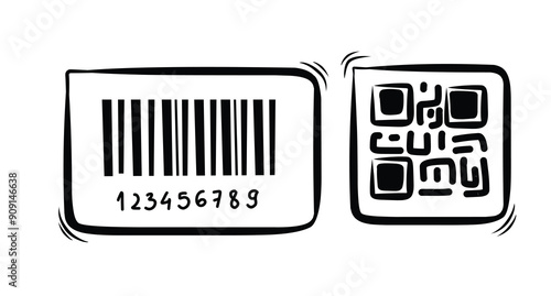 Doodle barcode. Doodle QR code. Hand drawn datum symbols collection. Barcode and QR code doodles.  Doodle style 
