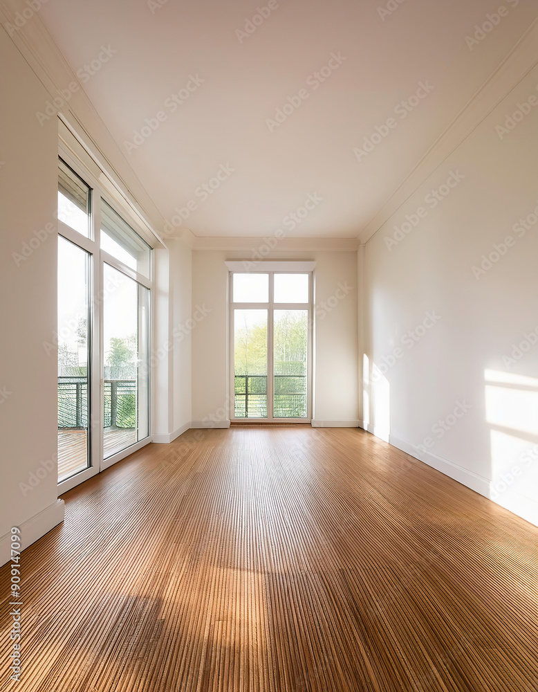 Interior new house, empty room with parquet floor, windows, door and garden view Interior new house, empty room with parquet floor, windows, door and garden view