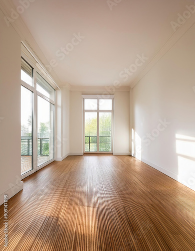 Interior new house  empty room with parquet floor  windows  door and garden view 