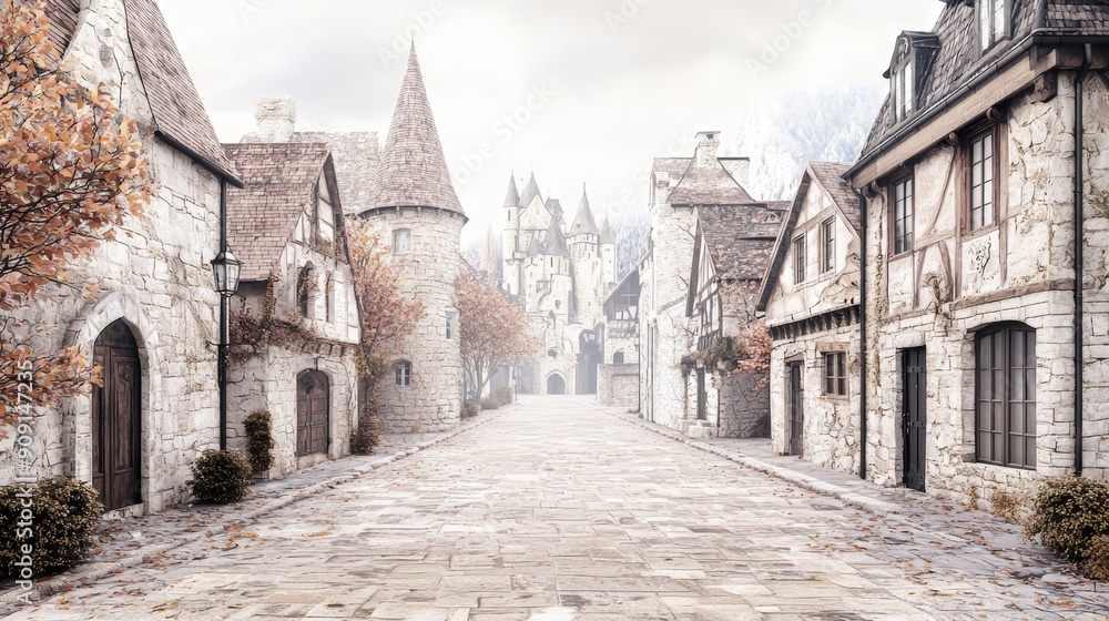 A charming cobblestone street lined with quaint stone houses in a picturesque European village. A charming cobblestone street lined with quaint stone houses in a picturesque European village.
