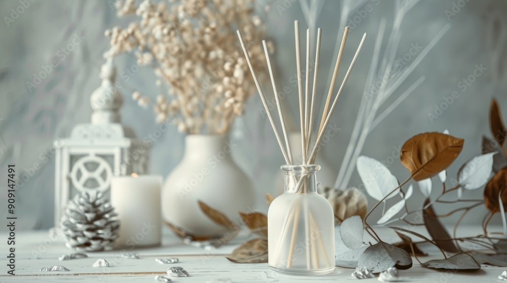Fototapeta premium Modern white glass bottles with scented sticks on a stylish white wood table with silver leaves for home decor