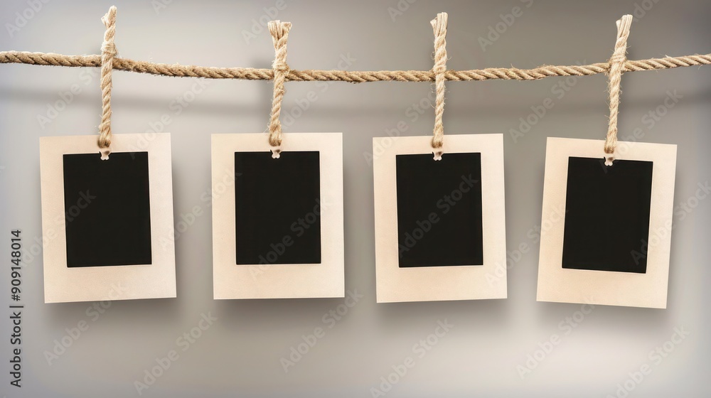 Four blank instant photo frames hanging on a rope against a transparent ...