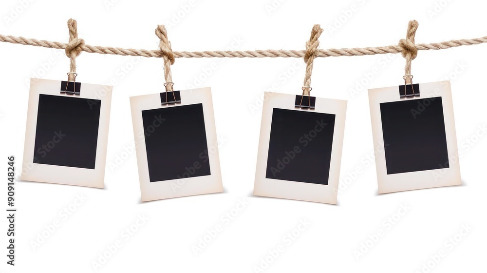 Set of four empty instant photo frames suspended on a rope, isolated on a clean transparent background for easy customization. Set of four empty instant photo frames suspended on a rope, isolated on a clean transparent background for easy customization.