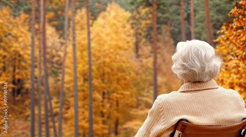 Senior Woman Enjoys Tranquil Autumn View in Forested Area