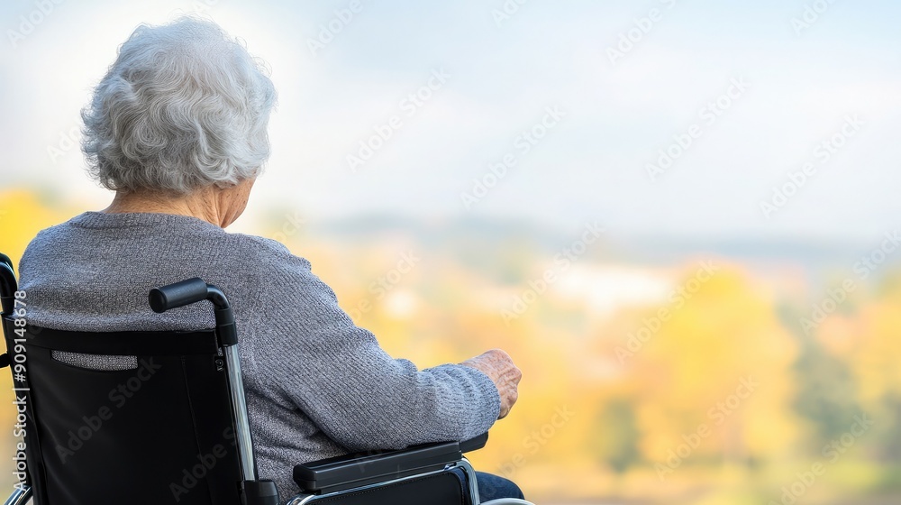Fototapeta premium Elderly Woman in a Wheelchair Enjoying Autumn View at Sunset