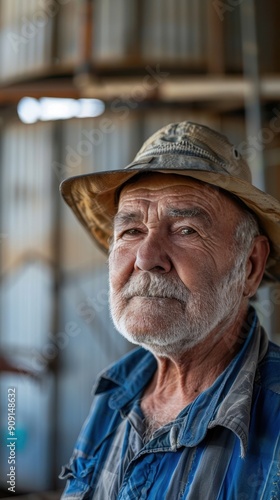 An elderly man smiles warmly while standing inside a rustic workshop filled with tools