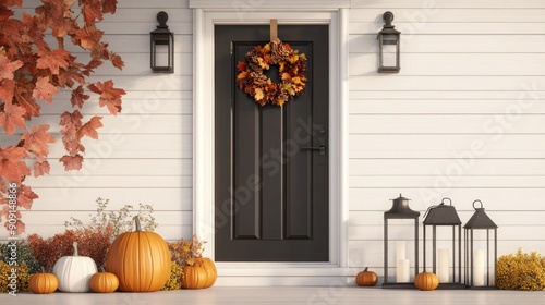 Charming Autumn Entrance With Wreath, Lanterns, and Pumpkins photo