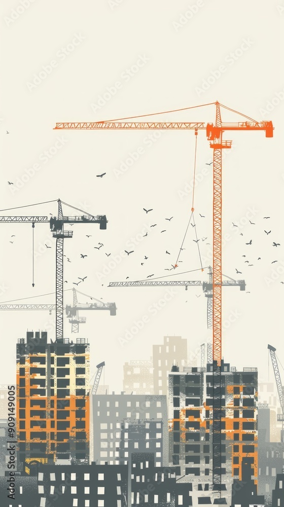 Illustrated cityscape under construction with multiple red cranes. Ongoing development in urban environment captured with high-rise buildings and flying birds. Illustrated cityscape under construction with multiple red cranes. Ongoing development in urban environment captured with high-rise buildings and flying birds.