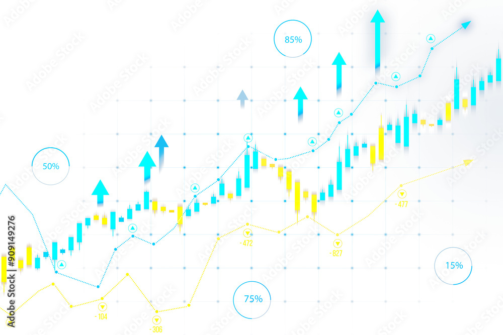 Financial chart showcasing an upward trend with candlestick patterns, blue arrows, and percentage data on a white background. 3D Rendering Financial chart showcasing an upward trend with candlestick patterns, blue arrows, and percentage data on a white background. 3D Rendering
