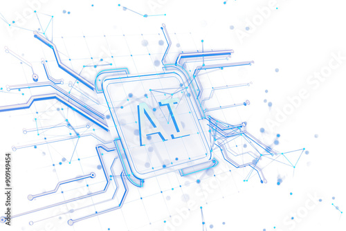 A 3D rendering of an AI chip with blue circuit connections on a white background, symbolizing artificial intelligence and technology