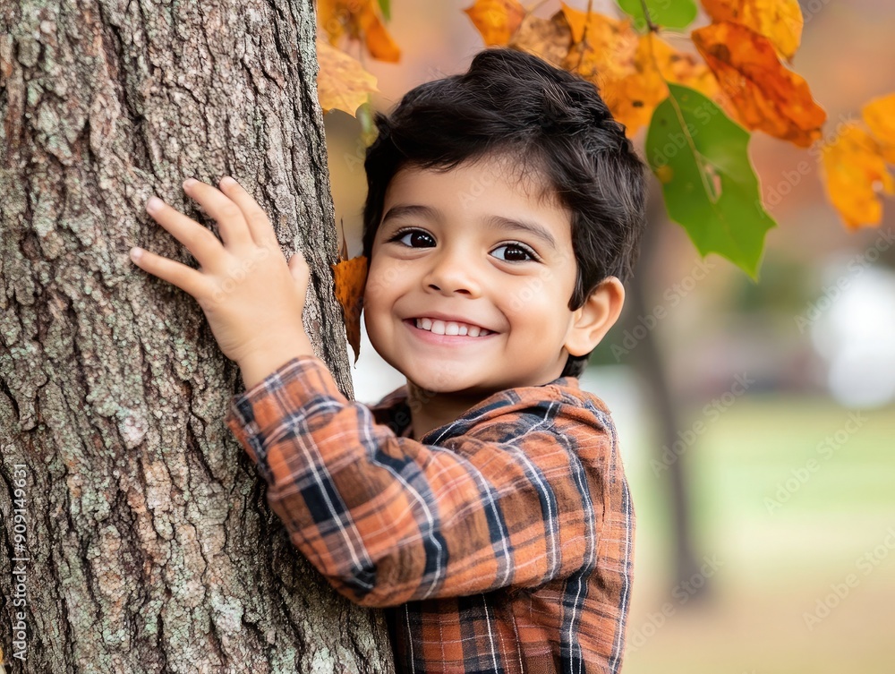 Young Child Joyfully Embracing a Tree Amidst Autumn Foliage Young Child Joyfully Embracing a Tree Amidst Autumn Foliage