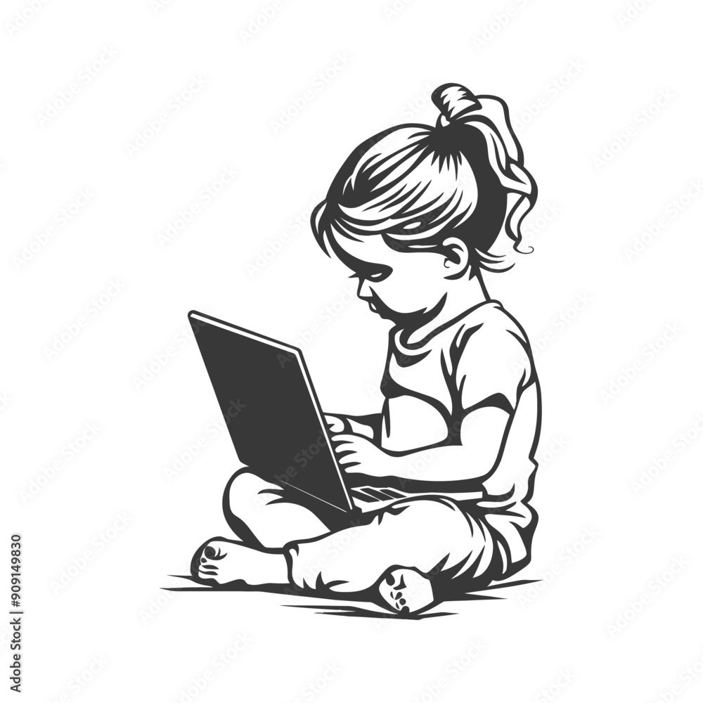 Young Girl Using Laptop While Sitting on the Floor Young Girl Using Laptop While Sitting on the Floor