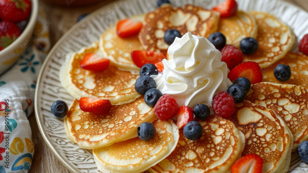 Plate of pancakes topped with whipped cream and berries. Plate of pancakes topped with whipped cream and berries.