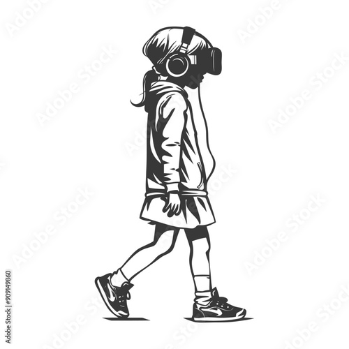 Young Girl Walking with VR Headset and Headphones
