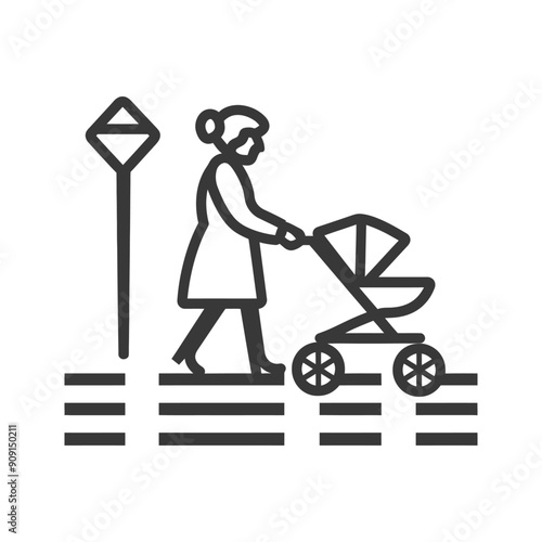 Woman Pushing a Baby Stroller Up a Curb with a Traffic Sign
