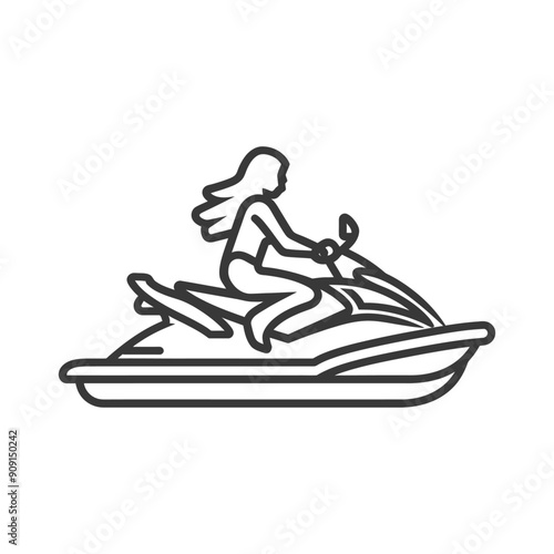 Line Art: Woman Riding Jet Ski, Long Hair Flowing