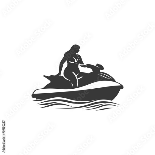 Silhouette of Woman in Bikini Riding Jet Ski, Monochrome Watercraft Illustration