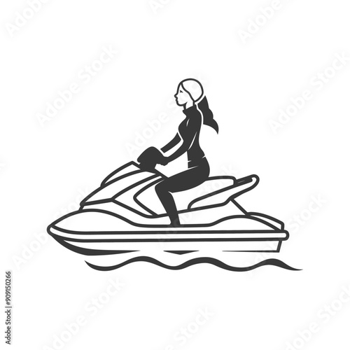 Monochromatic Illustration: Woman Riding Jet Ski, Side Profile