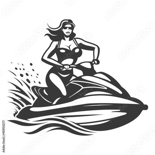 Retro Monochrome Illustration: Woman Riding Jet Ski, Powerful Waves