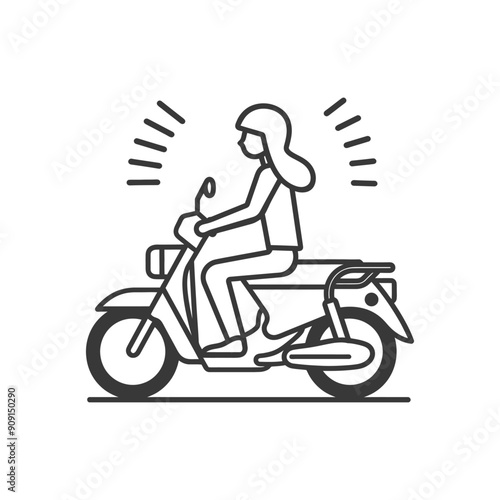 Stylish Woman Riding Vintage Scooter, Line Art Illustration
