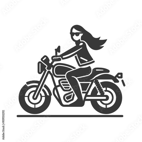 Stylish Woman Riding Classic Motorcycle - Monochrome Vector Illustration