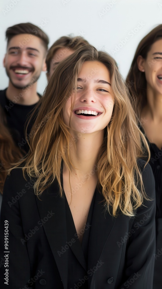 A joyful gathering of friends with wide smiles in a light-filled room A joyful gathering of friends with wide smiles in a light-filled room
