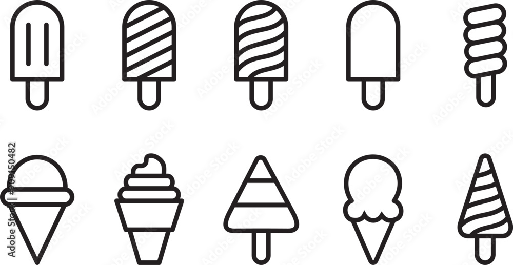 Ice cream vector icon set. Editable stroke. Thick line black isolated on white background. Vector illustration. Ice cream vector icon set. Editable stroke. Thick line black isolated on white background. Vector illustration.