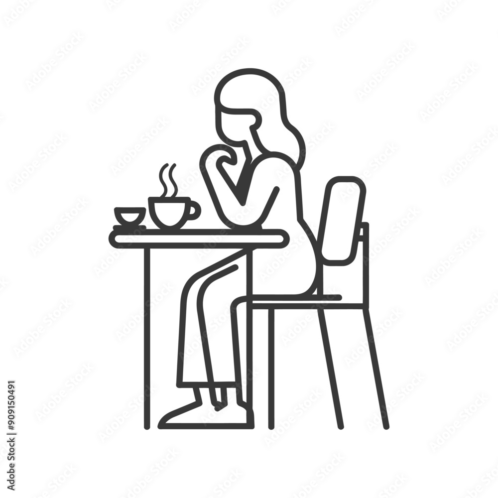Woman Sitting at a Table with a Cup of Coffee Woman Sitting at a Table with a Cup of Coffee