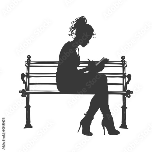 Woman Sitting on a Bench Writing in a Notebook