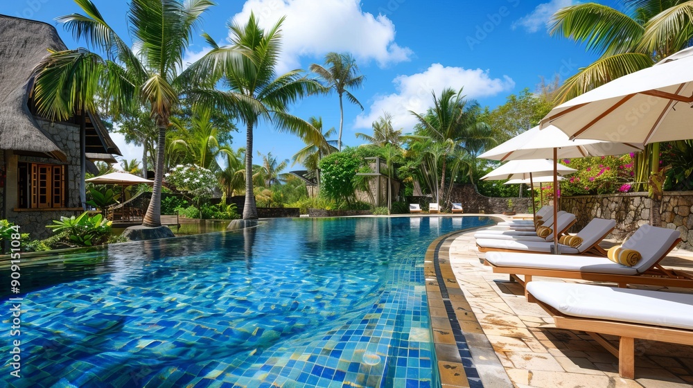 Luxurious resort pool area with tropical surroundings. Luxurious resort pool area with tropical surroundings.