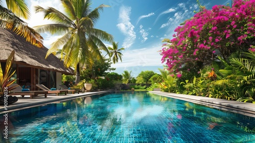 Tropical paradise with turquoise pool and lush greenery.