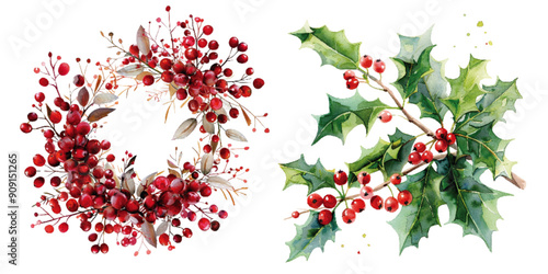 Artistic illustrations of two wreaths featuring vibrant red berries and green holly leaves, symbolizing traditional Christmas decor. Christmas Holly and Berry Wreaths Illustration

