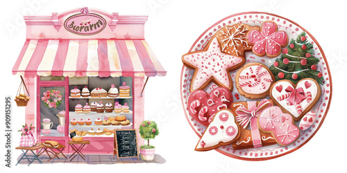 Watercolor illustration of a quaint bakery shop with a display of cakes and a plate of beautifully decorated cookies. Charming Bakery Shop and Decorative Cookies Watercolor

