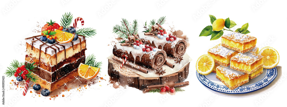 A delightful collection of watercolor illustrations featuring festive holiday desserts, including a Yule log and citrus cakes. Festive Holiday Desserts Watercolor Collection
A delightful collection of watercolor illustrations featuring festive holiday desserts, including a Yule log and citrus cakes. Festive Holiday Desserts Watercolor Collection