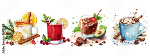 Vibrant illustration of winter hot drinks including citrus punch, cranberry tea, hot chocolate with marshmallows, and coffee. Colorful Assortment of Winter Hot Drinks

