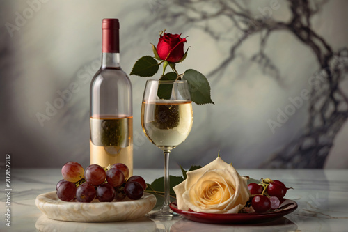 Glass of White Wine andwhite and red Roses on Marble Surface, ai generated photo