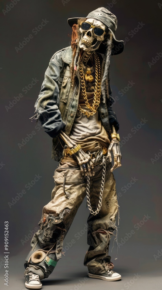 Urban Skeleton Dressed in Fashionable Streetwear Standing Confidently Against a Dark Background Urban Skeleton Dressed in Fashionable Streetwear Standing Confidently Against a Dark Background
