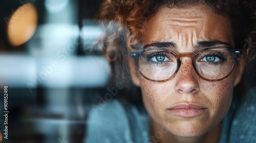 A woman with curly hair wearing glasses frowns as she looks through a glass pane, with her expression deep in thought, encapsulating curiosity and uncertainty.