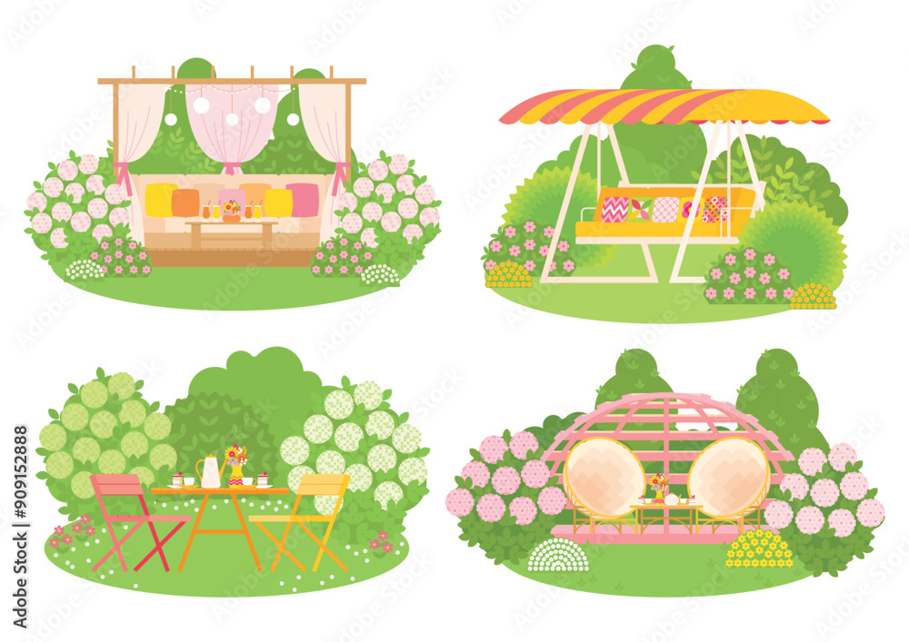 Obraz premium Recreation zone in the garden with a gazebo, pergola, swings, armchairs, sofa, tea table. Cozy relaxation area with furniture and pillows for relaxing in nature. Set of objects, landscaping element