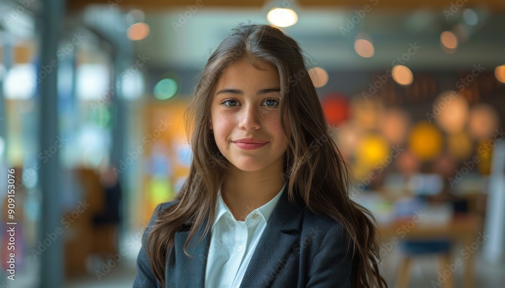 Young Girl Smiling Confidently While Dressed in Business Attire Inside Modern Cafe During Afternoon Young Girl Smiling Confidently While Dressed in Business Attire Inside Modern Cafe During Afternoon