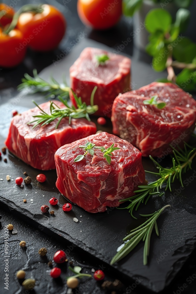 Variety of raw steaks with herbs and tomatoes, black slate background Variety of raw steaks with herbs and tomatoes, black slate background