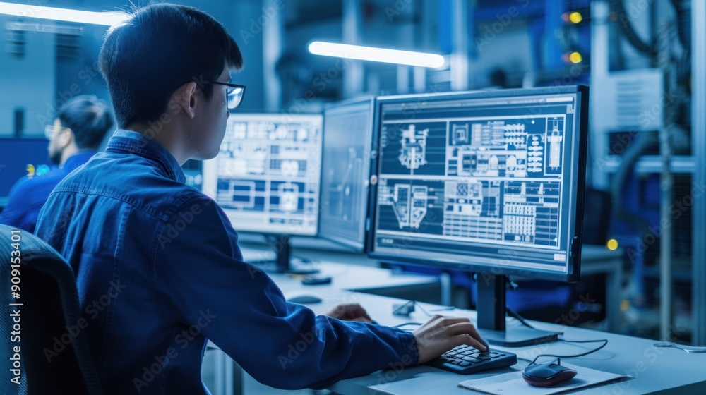 Mechanical engineer analyzing CAD designs on a computer. Mechanical engineer analyzing CAD designs on a computer.
