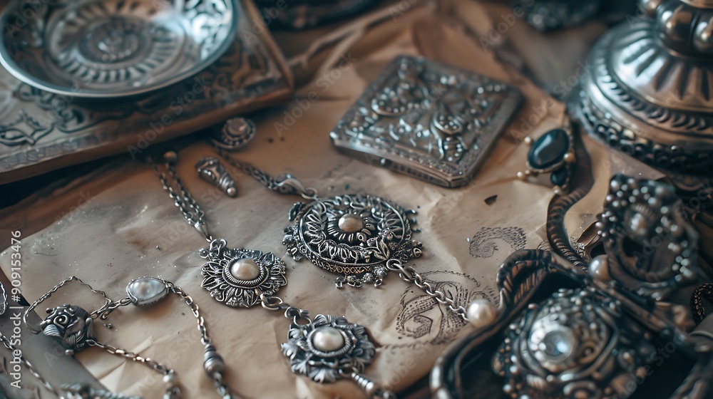 Old classic silver jewelry collection on salmon paper Old classic silver jewelry collection on salmon paper