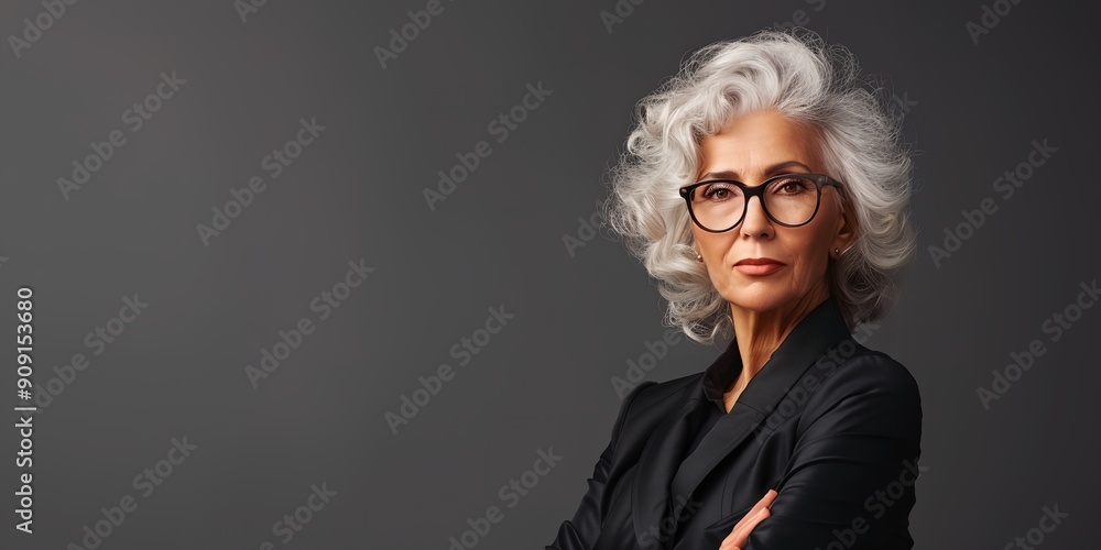 A woman in a suit and glasses is standing in front of a gray background. She is looking directly at the camera with a serious expression A woman in a suit and glasses is standing in front of a gray background. She is looking directly at the camera with a serious expression